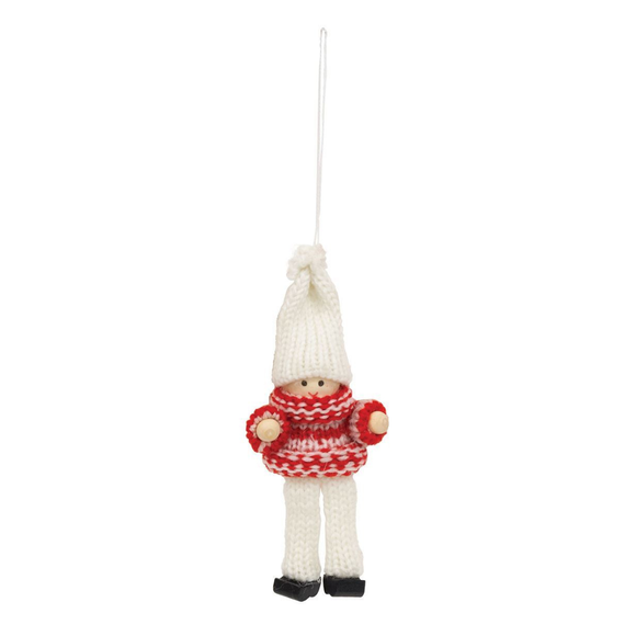 This heartwarming wooden boy ornament has a round wooden head and hand peeking out from a chunky red and white sweater. He has white knit pants with black wooden shoes and his head is topped with a white knit hat. 

4.5