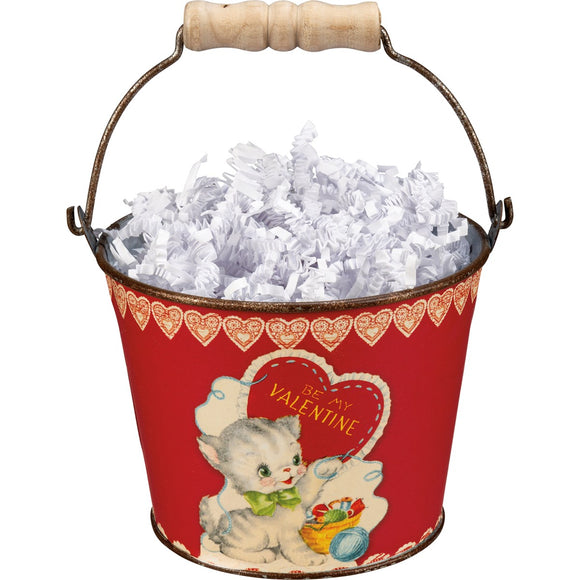 A sweet retro-inspired Valentine's bucket, a swinging handle, and a wooden grip.  This red metal bucket has a heart border on the top and a kitten on the front and back, saying: 