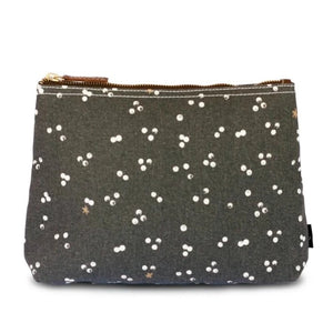 We are loving this cute dot pattern with scattered stars on this grey background! All of our bags are printed on recycled canvas with eco-friendly pigment inks. This medium pouch is ideal for daily essentials or as a clutch. The interior waterproof lining makes cleaning a breeze, and the zipper ring hooks nicely onto our totes... easy peasy!