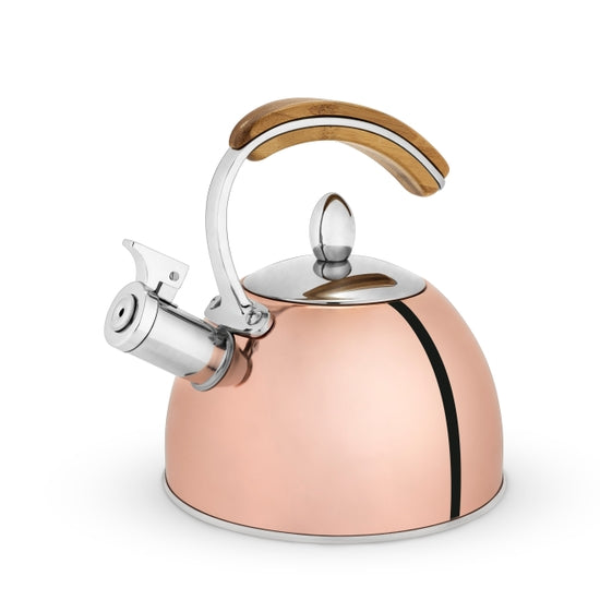 Why use a boring old kettle when you can have this bright shiny gem grace your stovetop? An item this good-looking is worthy of constant display! 70 oz capacity Whistles when water is ready Works on all cooking surfaces Heat resistant handle.  Dimension: 9.25