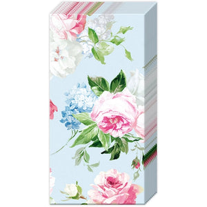 A package of 10 pocket tissues with a sky-blue background and pink and white roses with blue hydrangeas scattered all over.