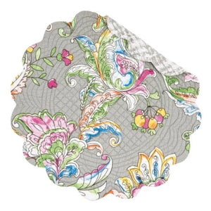 This placemat just makes you HAPPY!!!  The beautiful black and white floral drawing look as if someone took their watercolor brush in multiple colors in pinks, blues, greens, oranges, and yellows all on a grey background.  Flip it over ad there is a beautiful grey and white background that will be a fun fresh change!  Machine wash cold and tumble dry low for easy care.  17"L x 17" W x 0.3" H