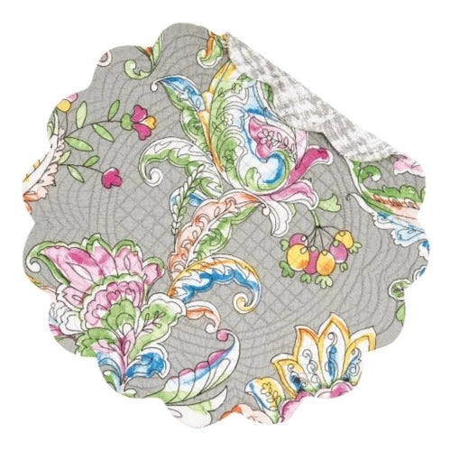 This placemat just makes you HAPPY!!!  The beautiful black and white floral drawing look as if someone took their watercolor brush in multiple colors in pinks, blues, greens, oranges, and yellows all on a grey background.  Flip it over ad there is a beautiful grey and white background that will be a fun fresh change!  Machine wash cold and tumble dry low for easy care.  17