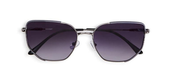 These silver framed sunglasses have a pretty grey enamel accent along part of the top and bottom and the outer part of the frame. The gradient lenses are wipeable, and the sunglasses come with a grey iridescent pebble grain vegan leather case.  sunglasses: 2