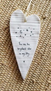 Porcelain Heart Ornament "You Are The Brightest Star In My Sky"