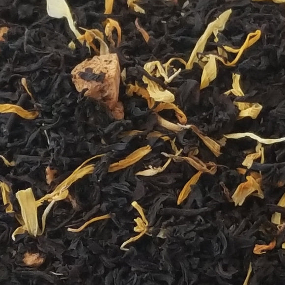 This black tea has a delightful peach-nectar fragrance, lingering floral aromas as you sip, pleasant astringency, and ‘peach fuzz’ dryness. Simply peachy.  2oz, Black Tea: Natural Peach Flavor, Peach Pieces, Marigold Flowers & Apple Pieces