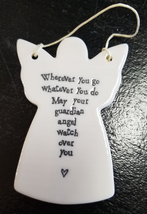 You'll love to give one of these angel-shaped porcelain ornaments to someone special! They have a cord tied to the wings so that it can hang if you would like. The words 