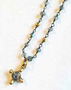 Our North Star Necklace is inspired by that one thing that motivates you. The thing you turn toward in your darkest time.  Made from Labradorite beaded chain with an artisan brass star and Swarovski pendant. 18"