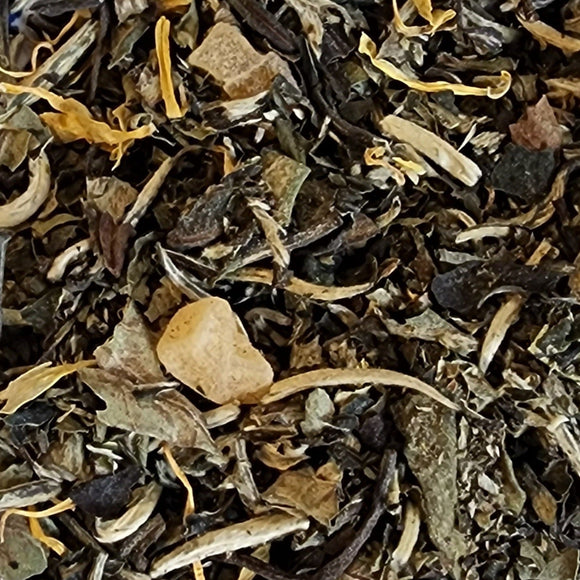 Ever had a ripe tropical mango picked within 5 minutes of perfection?                             This is the tea. Mango abounds and the mellow character notes of natural white tea accentuate the experience.   1.5 oz, White Tea: Mango Calendula, Natural Flavors (Organic Compliant)