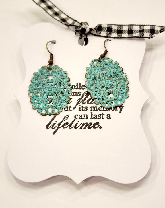 These beautiful oval fillagree earrings are Heavily textured and oh-so lightweight!  Hand Painted in mint and then distressed. Nickel-free, Lead-free.  Measure 2