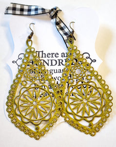These yellow hand-painted earrings are lightly distressed over the beautiful teardrop earring.  Look at all of the detail on this earring, it will make a statement when you walk into the room!   Lightweight.  Lead-free, Nickle free  Approximately 3.75" total length x 1.75"w