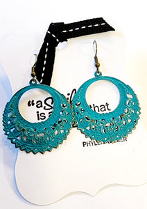 We love these new highly textured and lightweight earrings & which are quickly becoming our go-to earrings!  2.25" drop and 1.5" wide.  Hand-painted in an Aqua color. Lead and Nickel free.