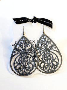 A customer favorite! The hand-painted zinc finish on our earrings is slightly distressed, revealing the antiqued bronze beneath.  3" long total length  Lead free. Nickel free. Hand painted.