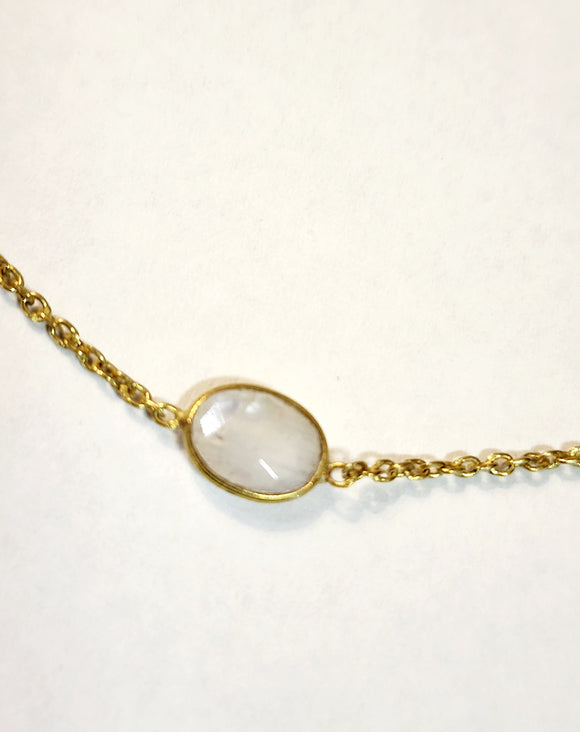 Such a sweet & dainty necklace!  The delicate brass chain has a Moonstone attached in the center.  We love that this necklace is adjustable with 3 different rings, from 14.5-18 inches.  Made in India