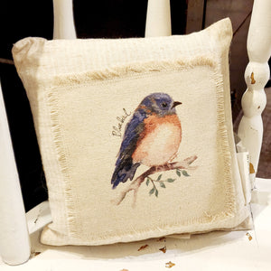 We love these sweet miniature pillows because they fit anywhere! The little bluebird is printed on a muslin fabric that has been sewn onto a cream-striped ticking fabric.   8" x 8"   Cotton, Polly Fiber