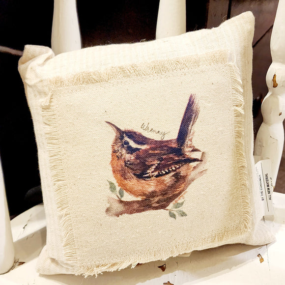 We love these sweet miniature pillows because they fit anywhere! The little wrenny is printed on a muslin fabric that has been sewn onto a cream-striped ticking fabric.   8
