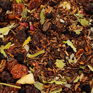 A berry flavor boost enhanced by the fruity notes of rooibos makes for an incredibly flavorful caffeine-free cup of immunity-boosting goodness you won't want to put down!  2 oz, Rooibos, Elderberry, Rosehip, Currant, Orange, Lime + Blackberry leaves, Raspberry + Blueberry pieces, Natural flavors (Organic Compliant)