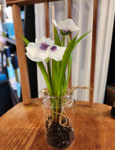 Put a little vase of happiness out!  These white pansies look like you just went out and picked them and tucked them into the vase ~ how can you resist?!!  7.5" H x  3" W (with flowers)