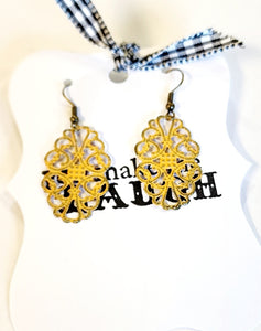 These lovely earrings will add some pizzazz to your attire!  Lightweight filigree measures 1 1/4" long by 13/16" wide, drop length of 1 7/8".  Hand-painted in a pretty Tangerine color and then distressed.  Nickle and lead-free. Made in the United States
