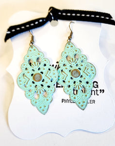Lightweight filigree earrings with amazing texture.  1 1/16" at the widest point with a 2 3/4" drop.  Hand-painted in mint and distressed. Lead and Nickel free.