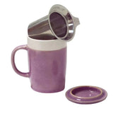You will love this beautiful lilac mug! The glossy white interior allows you to see the color of your tea. The extra-fine Tilt & Drip stainless steel infuser provides excellent water flow and plenty of room for the tea leaves to expand and brew. The lid is multifunctional. The lid can be used as an infuser holder or a small dish for loose leaf teas. 6.3" l x 9.5" w x 7" h