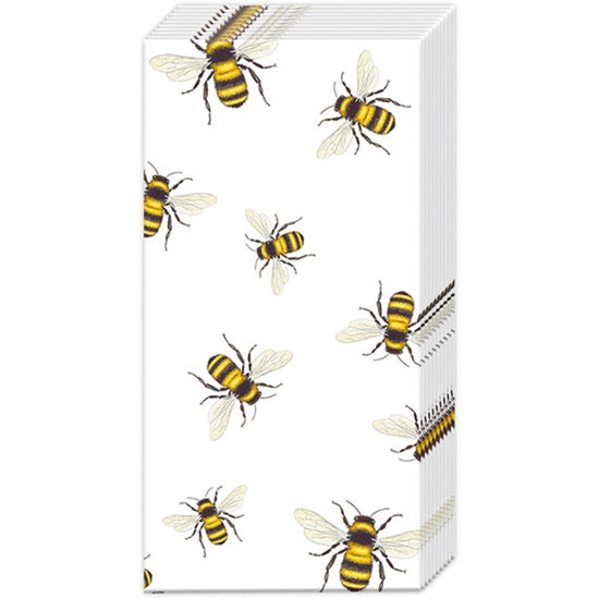 A package of 10 pocket tissues with a white background a different sizes of bees scattered on the background.