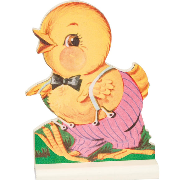 This little vintage-inspired wooden chick looks pretty spiffy in his pink striped pants and his black bow tie! This board looks cute mixed in with your other easter decor or standing alone!  Wood, Paper  5