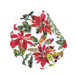 Bring some Joy to your home this holiday with our Poinsettia & Berries placemat! decorating a breeze. With a white background, one side has poinsettias and berries in reds, oranges, and shades of greens.  The other side has a fun green chevron pattern in different greens for a great everyday option after the holidays!  Finished with a scalloped edge, this placemat is crafted of 100% cotton and hand-guided machine quilting.  Machine wash cold and tumble dry low for easy care.  17"L x 17" W x 0.3" H