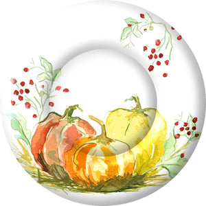 We just love these sweet watercolor pumpkins and berries cocktail plates! It will surely add a pop of color and elegance to your next gathering!  8" Round Plate, 8 plates per package  Materials - PAPER Made in the United States