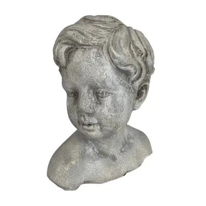 Hand Cast Cement Statue of a Little Boy with fine details in the hair, mouth, nose, and eyes. Use indoors or outside. If used outside, natural color changes will occur in the concrete, including fungus growth.  6.3" W x 4.7" D x 7.7" H
