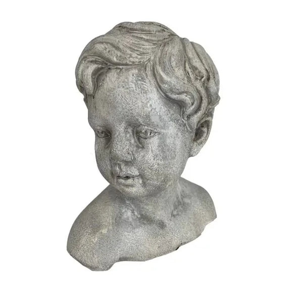 Hand Cast Cement Statue of a Little Boy with fine details in the hair, mouth, nose, and eyes. Use indoors or outside. If used outside, natural color changes will occur in the concrete, including fungus growth.  6.3
