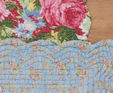 this shows the back of the scalloped white and pink, blue and yellow runner. The back is a solid light blue with a tiny pink and yellow flower pattern running through.