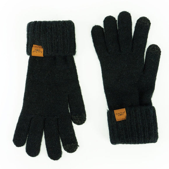 These classic, cozy knit cuffed gloves match any style coat or jacket and cover your entire wrist to keep the chill from creeping in.  Each glove has a Vegan suede patch on the cuff.  Black  One size fits most