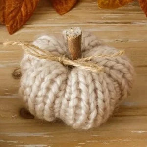 We love these cozy sweater pumpkins!  This one is cream-colored and has a wooden stem with a twine bow tied around it.  Perfect for adding some texture and color to your fall decor!  3" H x 3.5" Dia  Fabric, Polyfoam