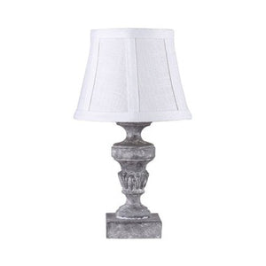 Light grey accent lamp with a white tailored shade.  25 watt bulb not included  7" l x 7" w x 14" h