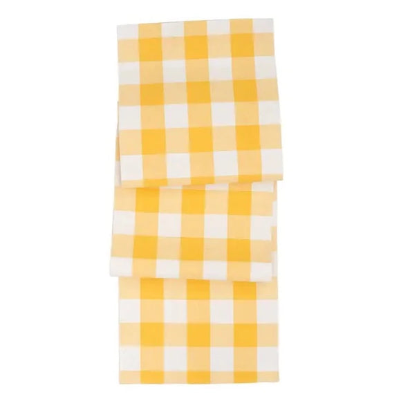 Put a POP of color on your table or sideboard with our pretty yellow & white buffalo-checked table runner! Crafted of cotton, this double-sided table runner is machine washable for easy care.  72