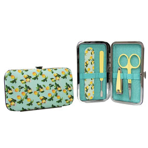 This happy lemon print manicure kit on a bright blue background will allow you to clip, snip, push and smooth your way to beautifully groomed fingernails.  The kit contains rose gold manicure tools, scissors, fingernail clippers, a cuticle pusher, and an emery board. Tools are made from stainless steel.  Keep your kit on your dressing table, or pop it into your handbag for nail emergencies!  Approximately 4.75"w x 2.75"h x .75" d