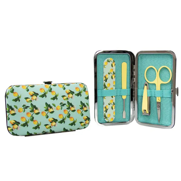 This happy lemon print manicure kit on a bright blue background will allow you to clip, snip, push and smooth your way to beautifully groomed fingernails.  The kit contains rose gold manicure tools, scissors, fingernail clippers, a cuticle pusher, and an emery board. Tools are made from stainless steel.  Keep your kit on your dressing table, or pop it into your handbag for nail emergencies!  Approximately 4.75