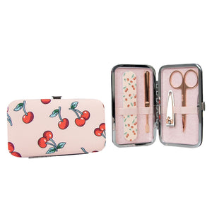 This luxurious pink manicure kit with a sweet cherry pattern printed on it will allow you to clip, snip, push and smooth your way to beautifully groomed fingernails. Inside the kit, there are rose gold manicure tools; scissors, fingernail clippers, a cuticle pusher, and an emery board. Tools are made from stainless steel. Keep your kit on your dressing table or pop it into your handbag for any nail emergencies on the go!