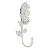 Add a touch of whimsy to your walls with our flower wall hook!. This cast iron hook features a simple flower shape with dainty leaves finished with a distressed matte chalk-paint like white with charcoal undertones. Great for decorative purposes as well as a functional hook for holding your favorite accessories or garden tools.  Weight capacity is 6.5lbs -Inset keyhole hanger at the back allows for easy hanging (hardware not included).  4" l x 2" w x 7.3" h