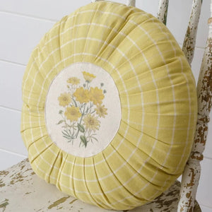 Could this pillow be any cuter?  It will be the cutest accent pillow on your sofa or bench this year!  18" in diameter, it has a cream center with a bouquet of happy yellow flowers.  Surrounding the center is a yellow windowpane-checked fabric ~ oh so cute!  Cotton, Polly Fiber