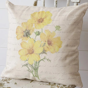 *Sigh* This pretty pillow will add a touch of sweetness anywhere you put it!  The cream background with writing accentuates the beautiful yellow floral bouquet in front.  Beautiful alone, or with other pillows, you will enjoy it for years to come!  20" x 20"  Cotton, Polly Fiber