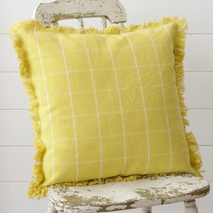 Bring a little sunshine into your room with our yellow pillow with cream windowpane checks running through it.  We love the raw fringe hem along the outside.  It will put a POP of color in your home this year!  18" x 18"  Cotton, Polly Fiber