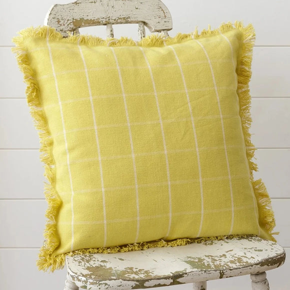 Bring a little sunshine into your room with our yellow pillow with cream windowpane checks running through it.  We love the raw fringe hem along the outside.  It will put a POP of color in your home this year!  18