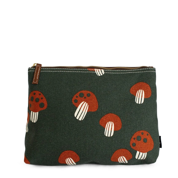 The cutest mushrooms adorn our large pouch! The burnt-orange and cream mushrooms are scattered on top of a pine-colored background All of our bags are printed on recycled canvas with eco-friendly pigment inks. This medium pouch is ideal for daily essentials or as a clutch. The interior waterproof lining makes cleaning a breeze, and the zipper ring hooks nicely onto our totes... easy peasy!  10” x 7.5” x 2.5”. Made in India