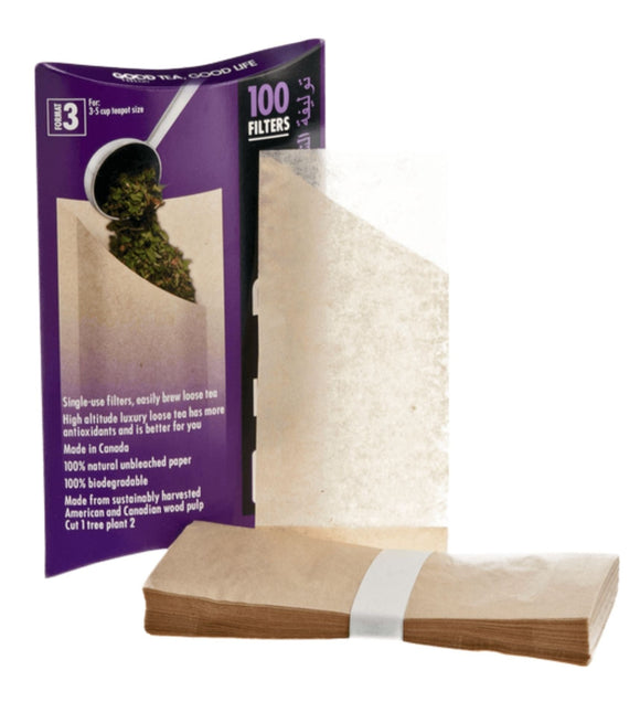 These single-use filters will easily brew our loose tea. They have an easy-fill opening preventing a mess! Great for making tea in a 3-5 cup teapot size.  100 filters  Made in Canada  100% natural unbleached paper  100% biodegradable