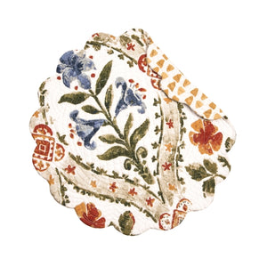Freshen up your house with our new bohemian floral round placemats! With a bright white background and pretty blues. red-orange, yellows, and greens will brighten up any space.  Flip it over and the backside has yellow triangles scattered over it. Finished with a scalloped edge, this tabletop collection is crafted of 100% cotton and hand-guided machine quilting.   Machine wash cold and tumble dry low for easy care.  17"L x 17" W x 0.3" H