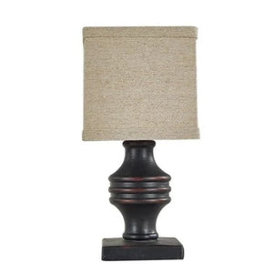 When you need an accent lamp, pick this 12" lamp with a black base with antiquing with a fun neutral shade adding elegance and fun!  6" l x 6" w x 12" h