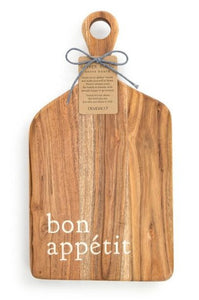 This artisan acacia wood serving board was inspired by the sweet moments of an at-home gathering. Along the bottom of the board are the words "Bon appétit" in white. This serving board will look great at your next get-together!   Hand wash Only, Food Safe 8"w x 15"h