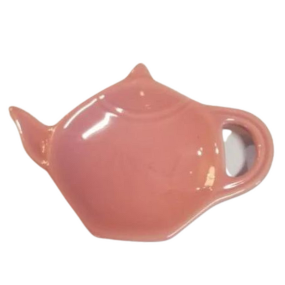Get one of our cute retro-inspired teapot-shaped tea bag holders to help keep the drips from your teabags from going anywhere!  Rose color, single glaze lead-free ceramic ware.  Approximately 5